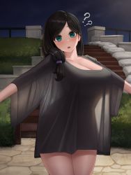 Rule 34 | 1girl, :o, ?, ??, absurdres, black dress, black hair, blush, breasts, cleavage, collarbone, commission, contrapposto, cowboy shot, dress, green eyes, hair over shoulder, hantata, head tilt, highres, large breasts, long hair, looking at viewer, open mouth, original, outdoors, outstretched arms, oversized clothes, scoop neck, see-through silhouette, short dress, solo, square neckline, swept bangs, wide sleeves