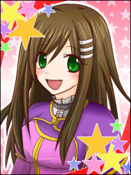 Rule 34 | 1girl, artist request, blush, breasts, brown hair, choker, facing viewer, green eyes, hair ornament, hairclip, happy, long hair, looking at viewer, medium breasts, multicolored clothes, multicolored shirt, open mouth, purple shirt, shirt, smile, solo, sophia esteed, star (symbol), star ocean, star ocean till the end of time, tongue, upper body, yellow shirt