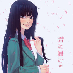 Rule 34 | 1girl, black eyes, black hair, blunt bangs, blush, bow, copyright name, green jacket, grey background, grin, holding, holding own hair, jacket, kimi ni todoke, kuronuma sawako, long hair, long sleeves, looking at viewer, parted lips, petals, red bow, school uniform, simple background, smile, solo, steamy tomato, teeth, translation request, upper body, wing collar