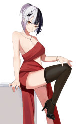 Rule 34 | 1girl, absurdres, bare shoulders, black footwear, black hair, black thighhighs, bracelet, breasts, cleavage, commentary, dress, english commentary, grey hair, hair bun, high heels, highres, hololive, hololive english, jewelry, knee up, ku roiko, looking at viewer, multicolored hair, necklace, red dress, shiori novella, single thighhigh, smile, solo, thighhighs, thighs, virtual youtuber, yellow eyes
