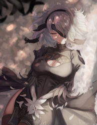 Rule 34 | 1girl, 2b (nier:automata), black blindfold, black dress, blindfold, breasts, cleavage cutout, closed eyes, clothing cutout, dress, feather-trimmed sleeves, feather trim, flower, highres, juliet sleeves, large breasts, long sleeves, lying, m0 chi, mole, mole under mouth, nier:automata, nier (series), on back, one eye covered, puffy sleeves, short hair, turtleneck, turtleneck dress, white flower, white hair