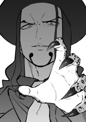 Rule 34 | 1boy, animal hands, animal print, black hair, claws, dress shirt, facial hair, goatee, greyscale, hat, highres, irokawa iku, leopard boy, leopard print, long hair, looking at viewer, male focus, monochrome, necktie, one piece, outstretched hand, parted lips, rob lucci, shirt, simple background, smile, solo, top hat, transformation, upper body, wavy hair, white background