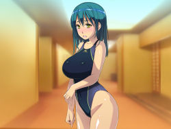 Rule 34 | 1girl, bare arms, bare legs, bare shoulders, bijo athlete no nikutai shazai!, blurry, blurry background, blush, breasts, clenched teeth, covered navel, cowboy shot, green hair, groin, large breasts, legs, navel, original, parted lips, shiny skin, short hair, sleeveless, solo, standing, swimsuit, teeth, thighs, yellow eyes, yoko juusuke