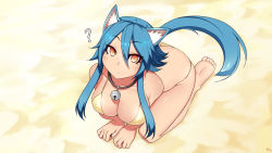 Rule 34 | 1girl, ?, all fours, animal ears, ass, barefoot, beach, bell, bikini, blue hair, blush, borrowed character, breasts, butt crack, cat ears, cat girl, cat tail, cleavage, collar, female focus, from above, kuroonehalf, large breasts, long hair, looking at viewer, looking up, neck bell, orange eyes, original, sand, slit pupils, solo, swimsuit, tail, yellow bikini