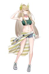 Rule 34 | 1girl, absurdres, arknights, blue shorts, blush, breasts, collar, full body, green sports bra, hand up, highres, laurels, light brown hair, long hair, looking at viewer, mole, mole under eye, muelsyse (arknights), navel, pointy ears, shoes, short shorts, shorts, simple background, small breasts, smile, solo, sports bra, standing, stomach, tachi-e, v, very long hair, white background, white collar, white footwear, yellow eyes, yokaze kotoha