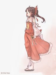 Rule 34 | 1girl, ascot, blush, bow, brown hair, closed mouth, collar, detached sleeves, frilled collar, frilled skirt, frills, geta, gohei, hair bow, hair tubes, hakurei reimu, hand on own hip, highres, japanese clothes, long hair, long skirt, miko, ponytail, red shirt, red skirt, ribbon, ribbon trim, shirt, skirt, skirt set, smile, solo, standing, suama unagi, tabi, touhou, wide sleeves, yellow ascot