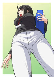 Rule 34 | 10s, 1girl, ahoge, black hair, breasts, brown eyes, foreshortening, from below, glasses, kouda tomohiro, large breasts, open mouth, pants, servant x service, shirt, solo, sweater, taut clothes, taut shirt, yamagami lucy