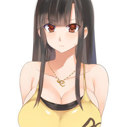 Rule 34 | 1girl, bad id, bad pixiv id, bare shoulders, black hair, breasts, brown eyes, cleavage, collarbone, commentary request, crimson girls, frown, jewelry, kuroha mitsu, large breasts, long hair, looking at viewer, necklace, original, pendant, revision, sideboob, simple background, sleeveless, solo, upper body, white background, yostxxx