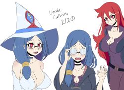 Rule 34 | 3girls, blue hair, breasts, character name, choker, cleavage, closed mouth, collarbone, commentary, dated, english commentary, glasses, hat, highres, large breasts, leotard, little witch academia, long hair, looking at viewer, multiple girls, open mouth, red eyes, red hair, shiny chariot, spoilers, tongue, ursula callistis, white headwear, white leotard, young savage