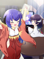 Rule 34 | 2girls, bdsm, blush, bondage, bound, coffee table, controller, crucifixion, crying, curtains, detached sleeves, eua, closed eyes, furude rika, hair between eyes, hakama, hand on own face, hands up, hanyuu, happy, hazumi otoya, highres, higurashi no naku koro ni, hip vent, horns, indoors, japanese clothes, kimono, living room, long hair, looking at another, miko, multiple girls, no bra, no panties, nontraditional miko, on floor, open mouth, purple eyes, purple hair, red hakama, remote control, restrained, screen, smile, sparkle, table, tears, television