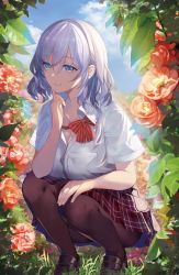 Rule 34 | 1girl, blouse, blue eyes, bow, bowtie, breast pocket, breasts, brown hair, brown pantyhose, camellia, cloud, cloudy sky, collared shirt, commentary request, finger to cheek, flower, full body, hair between eyes, hand on own knee, hand up, head tilt, large breasts, loafers, looking at viewer, loose bowtie, medium hair, nature, original, pantyhose, parted lips, partially unbuttoned, plaid, plaid skirt, pleated skirt, pocket, pupps, red bow, red bowtie, red skirt, shirt, shoes, short sleeves, skirt, sky, solo, squatting, striped bow, striped bowtie, striped clothes, white hair, white shirt
