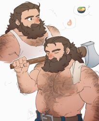 Rule 34 | 1boy, absurdres, axe, bara, beard, belly, body fur, closed eyes, cowboy shot, dungeon meshi, dwarf, facial hair, full beard, hairy, highres, holding, holding axe, large pectorals, long beard, looking at another, male focus, mature male, multiple views, muscular, muscular male, mustache, navel, nipples, over shoulder, pectoral cleavage, pectorals, plump, satodee, senshi (dungeon meshi), stomach, strongman waist, thick arm hair, thick beard, thick chest hair, thick mustache, thick navel hair, topless male, towel, very hairy, weapon, weapon over shoulder