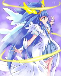 Rule 34 | 10s, 1girl, aoki reika, blue eyes, blue hair, blue skirt, chocokin, choker, cowboy shot, cure beauty, cure beauty (princess form), dated, frown, hair tubes, halo, long hair, looking away, matching hair/eyes, outstretched arms, precure, profile, purple background, serious, sidelocks, signature, skirt, smile precure!, solo, spread arms, tiara, wrist cuffs