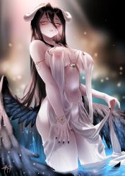 Rule 34 | 1girl, albedo (overlord), armlet, black hair, black nails, black wings, bracelet, breasts, clothes lift, commentary, covered erect nipples, curled horns, demon girl, demon horns, english commentary, feathered wings, hand on own thigh, highres, horns, jewelry, large breasts, long hair, looking at viewer, low wings, nail polish, navel, overlord (maruyama), parted lips, pelvic curtain, pelvic curtain lift, revealing clothes, see-through, signature, slit pupils, solo, thighs, very long hair, wading, water, wet, wet clothes, wings, yellow eyes, zasshu