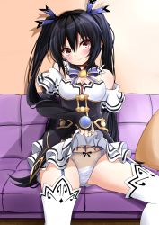 Rule 34 | 1girl, absurdres, angry, bare shoulders, black hair, blush, breasts, cleavage, clothes lift, ex idol, garter straps, hair ornament, hair ribbon, highres, lifted by self, long hair, looking at viewer, medium breasts, neptune (series), noire (neptunia), panties, pantyshot, red eyes, ribbon, sitting, skirt, skirt lift, solo, tears, thighhighs, twintails, underwear, v-shaped eyebrows, white panties, white thighhighs