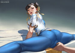 Rule 34 | 1boy, 1girl, ass, black hair, blue unitard, breasts, brown eyes, cameltoe, capcom, china dress, chinese clothes, chun-li, clothes lift, commentary, double bun, dress, earrings, elleciel.eud, english commentary, flexible, from behind, hair bun, hair ribbon, hand on another&#039;s crotch, hetero, jewelry, kneepits, large breasts, looking back, mature female, on floor, open mouth, pelvic curtain, pelvic curtain lift, ribbon, shadow, short hair, short sleeves, skin tight, solo focus, split, spread legs, straddle split, street fighter, street fighter 6, sweatdrop, swept bangs, teeth, textless version, thick thighs, thighs, translation request, twitter username, upper teeth only, variant set, white dress, yellow ribbon
