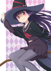 Rule 34 | 1girl, absurdres, black hat, blunt bangs, broom, broom riding, cloak, closed mouth, commentary, english commentary, floating hair, gokou ruri, grey pantyhose, hand on headwear, hand up, hat, highres, long hair, long sleeves, ore no imouto ga konna ni kawaii wake ga nai, pantyhose, pleated skirt, purple eyes, purple hair, purple shirt, purple skirt, sailor collar, scarletsky, shirt, signature, sitting, skirt, smile, solo, split mouth, uniform, witch, witch hat