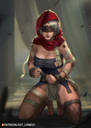 Rule 34 | 1girl, barefoot, blindfold, breasts, cleavage, commentary, covered eyes, crossover, cyborg, detached hood, english commentary, fishnet thighhighs, fishnets, grey hair, highres, hood, hood up, kneeling, lips, medium breasts, mole, mole under mouth, nier:automata, nier (series), no panties, nose, paid reward available, pelvic curtain, pinup (style), purity seal, red hood, sgt lonely, short hair, single thighhigh, sister repentia, solo, swept bangs, thigh strap, thighhighs, warhammer 40k, 2b (nier:automata)