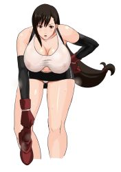 Rule 34 | 1girl, 78 (tky8), bare legs, black gloves, black hair, bow, breasts, cleavage, covered erect nipples, elbow gloves, final fantasy, final fantasy vii, gloves, hairband, holding, holding shoes, large breasts, long hair, looking at viewer, nipples, open mouth, red eyes, red gloves, shirt, shoes, shorts, simple background, solo, sports bra, square enix, standing, sweat, tifa lockhart, wet, wet clothes, wet shirt, white background