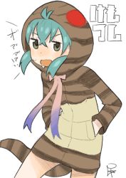Rule 34 | 10s, 1girl, ahoge, aqua hair, bare legs, brown eyes, commentary request, copyright name, cowboy shot, crossed bangs, d:, d:&lt;, eyelashes, flat color, hands in pockets, highres, hood, hoodie, jitome, kemono friends, long sleeves, neck ribbon, open mouth, pocket, ribbon, satsuyo, sidelocks, signature, simple background, snake tail, solo, striped, striped tail, sweat, tail, translated, tsuchinoko (kemono friends), v-shaped eyebrows, wavy mouth, white background