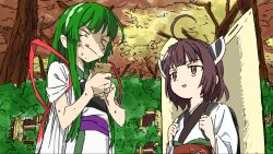 Rule 34 | 2girls, :q, backpack, bag, black bag, brown eyes, brown hair, canopy (forest), cellphone, closed mouth, commentary request, constricted pupils, day, fence, frown, green hair, green hairband, hairband, headgear, holding, holding phone, holding strap, japanese clothes, kimono, kiritanpo (food), long hair, long sleeves, looking at phone, multiple girls, muneate, nervous, nervous sweating, obi, obiage, open mouth, outdoors, oversized food, oversized object, phone, plant, sash, short hair, short sleeves, shoulder strap, siblings, sisters, sleeves pushed up, smartphone, smile, sweat, tasuki, tongue, tongue out, touhoku kiritan, touhoku zunko, tree, upper body, v-shaped eyebrows, vines, voiceroid, white kimono, yamamoto yuusuke (animator)