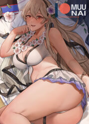 Rule 34 | 1girl, ass, beach towel, bikini, black hairband, blush, book, bracelet, breasts, cleavage, commentary, corrin (female) (fire emblem), corrin (female) (summer) (fire emblem), corrin (fire emblem), day, english commentary, feet out of frame, fire emblem, fire emblem fates, fire emblem heroes, flower, flower necklace, frilled bikini, frills, front-tie bikini top, front-tie top, glint, grey hair, hair between eyes, hair flower, hair ornament, hairband, hand to own mouth, jewelry, large breasts, leaf, lei, long hair, looking at viewer, lying, muunai, navel, necklace, nintendo, official alternate costume, on side, open mouth, outdoors, paid reward available, patreon logo, patreon username, red eyes, shade, smile, solo, stomach, swimsuit, thigh strap, thighs, thong bikini, towel, watermark, web address, white bikini