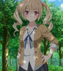 Rule 34 | 10s, 1girl, hand on own hip, hands on own hips, highres, outdoors, school uniform, screencap, solo, standing, stitched, tenshi no 3p!, third-party edit, toriumi sakura