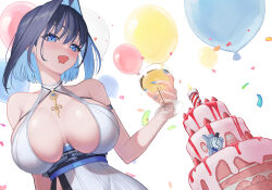 Rule 34 | 1girl, alternate costume, armlet, balloon, bare shoulders, birthday cake, black hair, blue eyes, blue hair, blue nails, blush, breasts, breasts apart, cake, candle, chain, colored inner hair, commentary, confetti, cup, dress, drooling, english commentary, fingernails, food, fruit, hair intakes, halter dress, halterneck, hand up, highres, holding, holding cup, hololive, hololive english, kronie (ouro kronii), large breasts, layer cake, long fingernails, long long life, mouth drool, multicolored hair, nail polish, o-ring, open mouth, ouro kronii, short hair, skindentation, solo, strawberry, two-tone hair, underbust, upper body, virtual youtuber, white background, white dress
