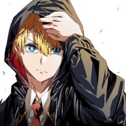 Rule 34 | 1boy, 4b-enpitsu, black coat, blue eyes, closed mouth, coat, collared jacket, commentary request, hair between eyes, hood, hood up, hooded coat, hoshino aquamarine, jacket, necktie, oshi no ko, partial commentary, red necktie, school uniform, shirt, short hair, signature, simple background, solo, star-shaped pupils, star (symbol), symbol-shaped pupils, white background, white shirt, youtou high school uniform