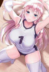 Rule 34 | 1girl, arm behind head, armpits, bed, bed sheet, black shorts, blue eyes, blush, bow, breasts, closed mouth, collarbone, elbow pads, from above, gym shorts, gym uniform, hair bow, huyumitsu, indoors, large breasts, long hair, looking at viewer, numbers&#039; uniform, original, pillow, pink hair, shirt, short shorts, shorts, sleeveless, sleeveless shirt, solo, sportswear, squatting, thighhighs, volleyball uniform, white shirt, white thighhighs