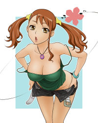 Rule 34 | 10s, 1girl, :o, anjou naruko, ano hi mita hana no namae wo bokutachi wa mada shiranai., bare shoulders, belt, bent over, bracelet, breasts, brown eyes, brown hair, casual, cleavage, earrings, hachiya, highres, jewelry, large breasts, leaning forward, lips, necklace, open fly, open mouth, orange hair, pendant, short shorts, shorts, solo, spaghetti strap, strap slip, twintails, undressing, unzipped