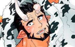 Rule 34 | 1boy, animal costume, animal ears, bara, beard, black hair, blush, broken horn, chinese zodiac, close-up, cow boy, cow costume, cow ears, cow horns, demon boy, demon horns, facial hair, fake animal ears, highres, hood, hoodie, horns, kizami nori to yamaimo, live a hero, looking at viewer, male focus, mature male, muscular, muscular male, nessen (live a hero), pointy ears, short hair, smile, solo, thick eyebrows, white hoodie, year of the ox