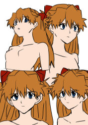 Rule 34 | 1girl, absurdres, blue eyes, breasts, brown hair, expressionless, eywy4324, highres, long hair, looking at viewer, multiple views, neon genesis evangelion, nude, solo, souryuu asuka langley, standing, upper body, white background