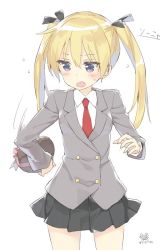 Rule 34 | 1girl, blonde hair, blue eyes, blush, box, character name, collared shirt, commentary request, cowboy shot, embarrassed, flying sweatdrops, grey jacket, heart-shaped box, jacket, kani biimu, kill me baby, long sleeves, necktie, pleated skirt, red necktie, school uniform, shirt, signature, simple background, skirt, solo, sonya (kill me baby), standing, sweatdrop, twintails, valentine, white background, wing collar