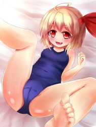 Rule 34 | 1girl, ahoge, bad id, bad pixiv id, barefoot, blonde hair, fang, feet, hair ribbon, highres, kapu (tetete8901), long sleeves, lying, on back, one-piece swimsuit, open mouth, red eyes, ribbon, rumia, school swimsuit, short hair, smile, solo, spread legs, swimsuit, toes, touhou