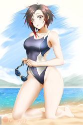 Rule 34 | 1girl, barefoot, beach, breasts, brown hair, cleavage, collarbone, competition swimsuit, covered navel, day, full body, gradient hair, grey one-piece swimsuit, highres, holding, kimmy77, kneeling, large breasts, long hair, multicolored hair, ocean, one-piece swimsuit, outdoors, red hair, ruby rose, rwby, smile, solo, summer, swept bangs, swimsuit, tongue, tongue out, watermark, yellow eyes
