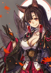 Rule 34 | 1girl, akagi (azur lane), animal ears, azur lane, bad id, bad pixiv id, black hair, breasts, cleavage, commentary request, fox ears, fox tail, hair tubes, highres, japanese clothes, kusano shinta, long hair, looking at viewer, multiple tails, red eyes, smile, solo, tail
