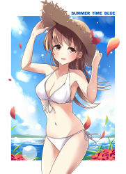 Rule 34 | 10s, 1girl, arms up, bare shoulders, bikini, blue sky, blush, breasts, brown eyes, brown hair, cloud, collarbone, day, flower, hands on headwear, hat, highres, kantai collection, large breasts, long hair, looking at viewer, navel, ooi (kancolle), open mouth, petals, side-tie bikini bottom, sky, smile, solo, soramuko, sun hat, swimsuit, water, white bikini