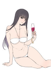 Rule 34 | 1girl, ban! (bansankan), bangle, bare shoulders, bikini, black hair, blunt bangs, bracelet, breasts, brown eyes, cleavage, cup, drinking glass, feet out of frame, girls und panzer, hair over shoulder, halterneck, hime cut, holding, holding cup, jewelry, large breasts, long hair, looking at viewer, mature female, navel, nishizumi shiho, simple background, sitting, smile, solo, straight hair, swimsuit, thighs, underboob, white background, white bikini, yokozuwari