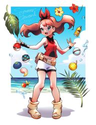 Rule 34 | 1girl, :d, adapted costume, berry (pokemon), bike shorts, black wristband, bottle, bow hairband, breasts, brown hair, burakku mutou, cloud, commentary request, creatures (company), day, dive ball, eyelashes, fang, floating hair, flower, game freak, hairband, leaf, long hair, may (pokemon), navel, nintendo, open mouth, outdoors, pigeon-toed, poke ball, poke ball (basic), pokemon, pokemon oras, red flower, red hairband, shirt, shorts, sky, sleeveless, smile, solo, standing, toeless footwear, toes, tongue, water, white shorts, yellow flower