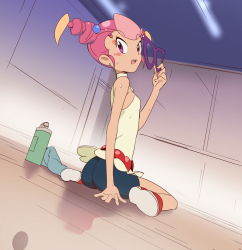 Rule 34 | 10s, ass, bare shoulders, bike shorts, blouse, breasts, dutch angle, from behind, kneeling, looking at viewer, looking back, looking to the side, makacoon, mask, unworn mask, on floor, otosaki kanon, pink hair, shirt, sitting, sleeveless, small breasts, solo, tribe cool crew, wariza, white shirt