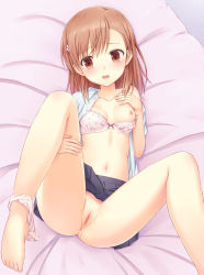 Rule 34 | 1girl, anus, barefoot, blush, bra, breasts, brown eyes, brown hair, clitoris, feet, highres, lying, misaka mikoto, n.g., navel, nipples, on back, on bed, open clothes, open mouth, open shirt, panties, panties around leg, pussy, pussy juice, shirt, short hair, skirt, small breasts, solo, strap slip, third-party edit, toaru kagaku no railgun, toaru majutsu no index, uncensored, underwear