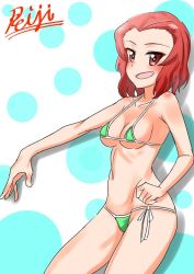 Rule 34 | 10s, 1girl, arm up, bare shoulders, bikini, blush, breasts, collarbone, girls und panzer, hand on own hip, legs, looking at viewer, md5 mismatch, navel, open mouth, red eyes, red hair, rosehip (girls und panzer), solo, standing, swimsuit, torso