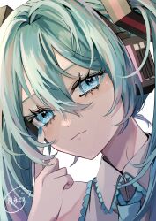 Rule 34 | 1girl, bare shoulders, blue eyes, blue hair, blue nails, blue necktie, blush, closed mouth, collared shirt, finger to eye, frilled shirt, frills, grey shirt, hair between eyes, hair intakes, hair ornament, hatsune miku, headset, highres, index finger raised, long hair, naguno-0713, nail polish, necktie, shirt, sidelocks, simple background, sleeveless, sleeveless shirt, smirk, solo, twintails, vocaloid, watermark, white background