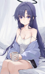 Rule 34 | 1girl, absurdres, alternate costume, black shorts, blue archive, blue eyes, blue hair, blue jacket, breasts, camisole, cleavage, closed mouth, commentary request, cup, feet out of frame, halo, highres, holding, holding cup, jacket, long hair, looking at viewer, mechanical halo, medium breasts, ni de pengyou, off shoulder, shorts, sitting, solo, white camisole, yuuka (blue archive)