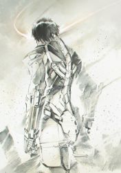 Rule 34 | 1boy, absurdres, armor, back, clenched hands, dust, dust cloud, light particles, hatching (texture), highres, male focus, monochrome, original, outdoors, science fiction, shimoguchi tomohiro, solo, spine, vambraces, wind