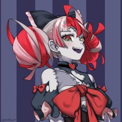 Rule 34 | 1girl, ahoge, artpatient, black bow, black dress, bow, double bun, dress, fang, grey hair, hair bow, hair bun, heterochromia, hololive, hololive indonesia, huge bow, kureiji ollie, looking down, multicolored hair, open mouth, pink hair, red bow, red eyes, red hair, smile, solo, stitched face, stitched torso, stitches, torn clothes, torn dress, virtual youtuber, yellow eyes, zombie