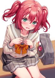Rule 34 | 1girl, arms up, bag, bow, charm (object), deadnooodles, green eyes, grey skirt, hair between eyes, highres, knees together feet apart, kurosawa ruby, long sleeves, looking at viewer, love live!, love live! sunshine!!, on bench, open mouth, pleated skirt, red hair, school bag, school uniform, serafuku, short hair, simple background, sitting, skirt, solo, tearing up, two side up, uranohoshi school uniform, white background