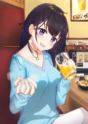 Rule 34 | 1girl, :d, alcohol, beer, beer mug, black hair, blue eyes, blue sweater, blush, breasts, collarbone, commentary request, cup, fingernails, food, head tilt, highres, holding, holding cup, indoors, long hair, long sleeves, medium breasts, mole, mole under eye, mug, omelet tomato, open mouth, original, pants, round teeth, sitting, sleeves past wrists, smile, solo, sweater, table, teeth, transparent, upper teeth only, white pants