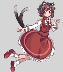 Rule 34 | 1girl, animal ears, blush, bow, brown hair, cat ears, cat tail, chen, frills, full body, green hat, grey background, hat, highres, jewelry, long sleeves, looking at viewer, mob cap, multiple tails, nekomata, red footwear, red skirt, renshirenji, shirt, shoes, short hair, simple background, skirt, socks, solo, tail, touhou, two tails, white socks